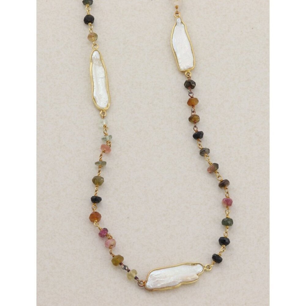 Gold Over Sterling Silver Natural Tourmaline and Keshi Pearl Necklace 24" - Picture 3 of 8